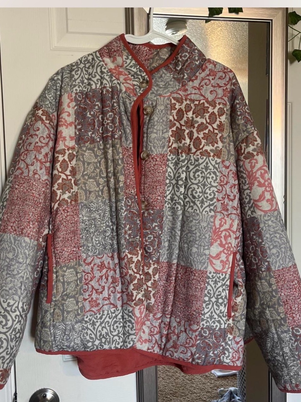 Patchwork Quilted Jacket in Coral, Gray & Cream
